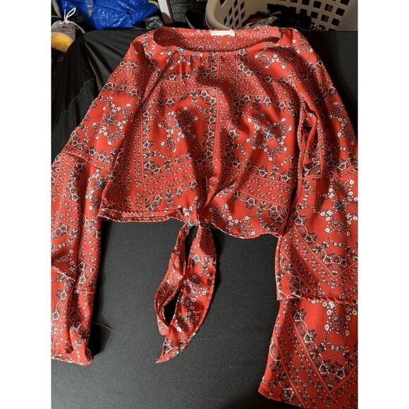 Altar'd State Top Size S boho festival bell sleeve ruffles geometric orange red - Picture 2 of 6